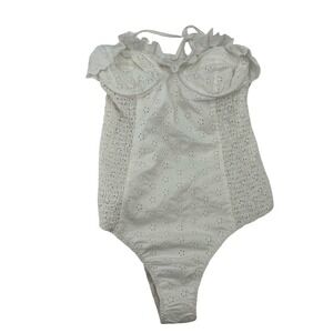 DOEN Women One Piece Swimsuit Eyelet Ruffle White Cotton Small